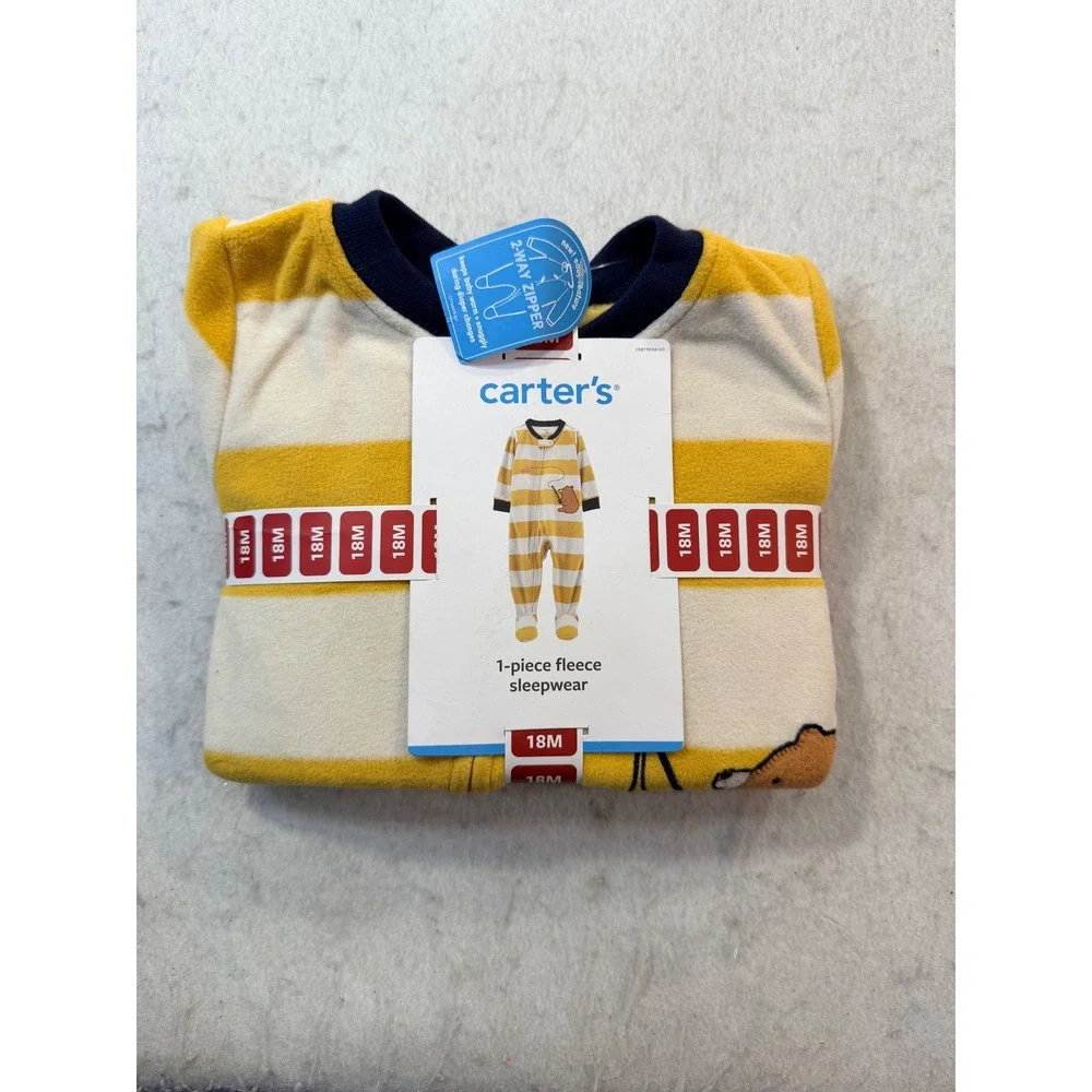 Carters Baby Boy 18M Yellow Striped Fishing Bear Fleece Footed Pajamas 1P940010
